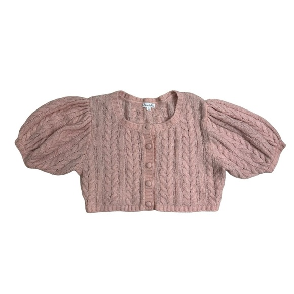 For Love & Lemons Cardigan Sweater Crop Puff Sleeve Pink Knit Size Extra Large - Picture 1 of 6